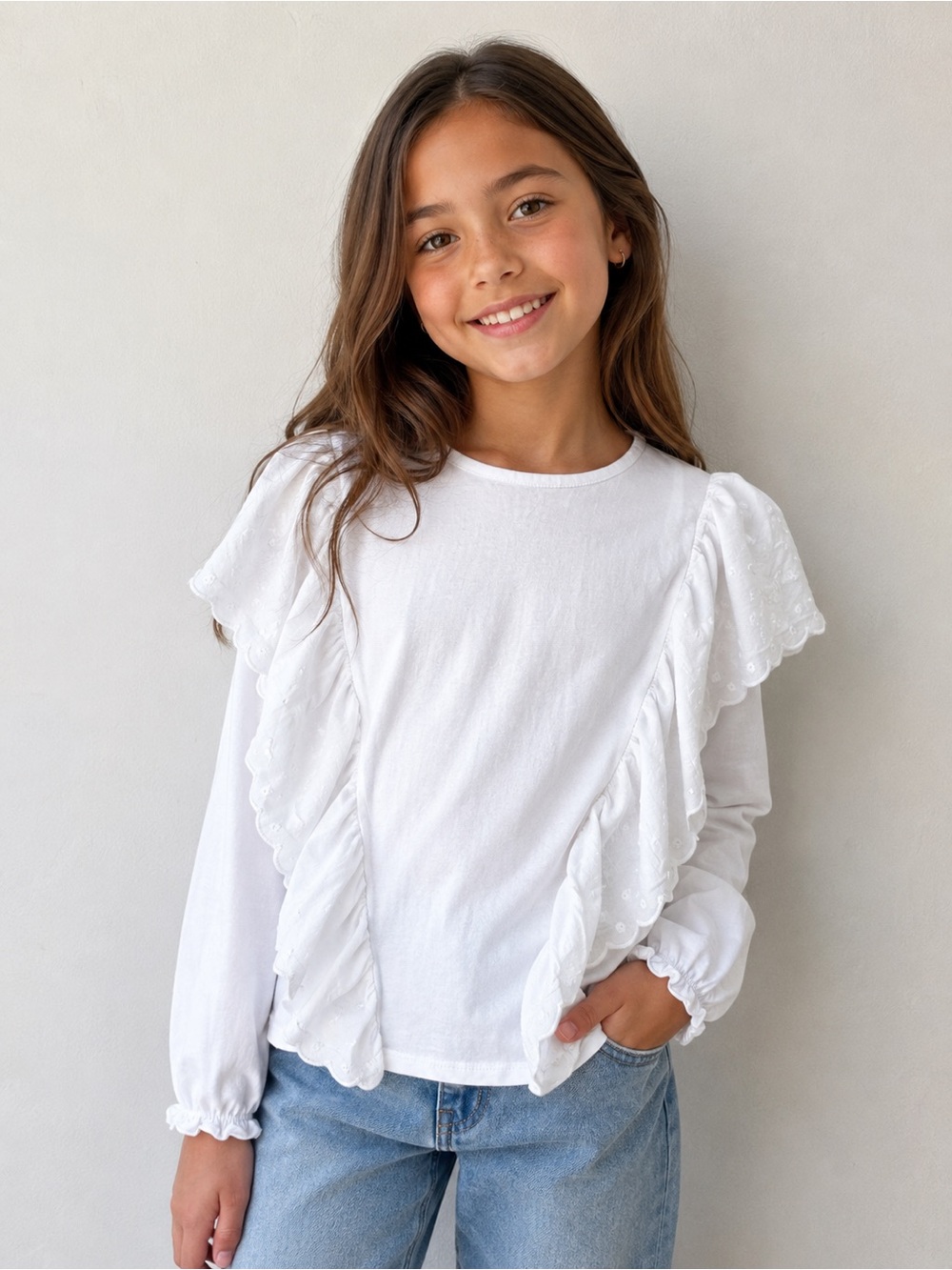 Zara Girls White Ruffled Long Sleeve Cotton Top Size 10/140